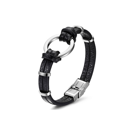 Black/Silver Circle Warp Leather Bracelet