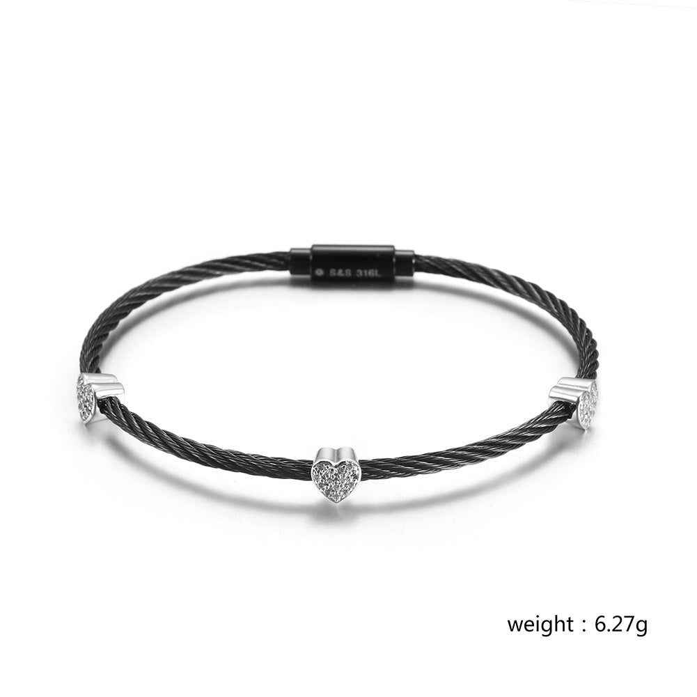 Black cable heart-shaped zircon bracelet-NSB1476STSCWGZD