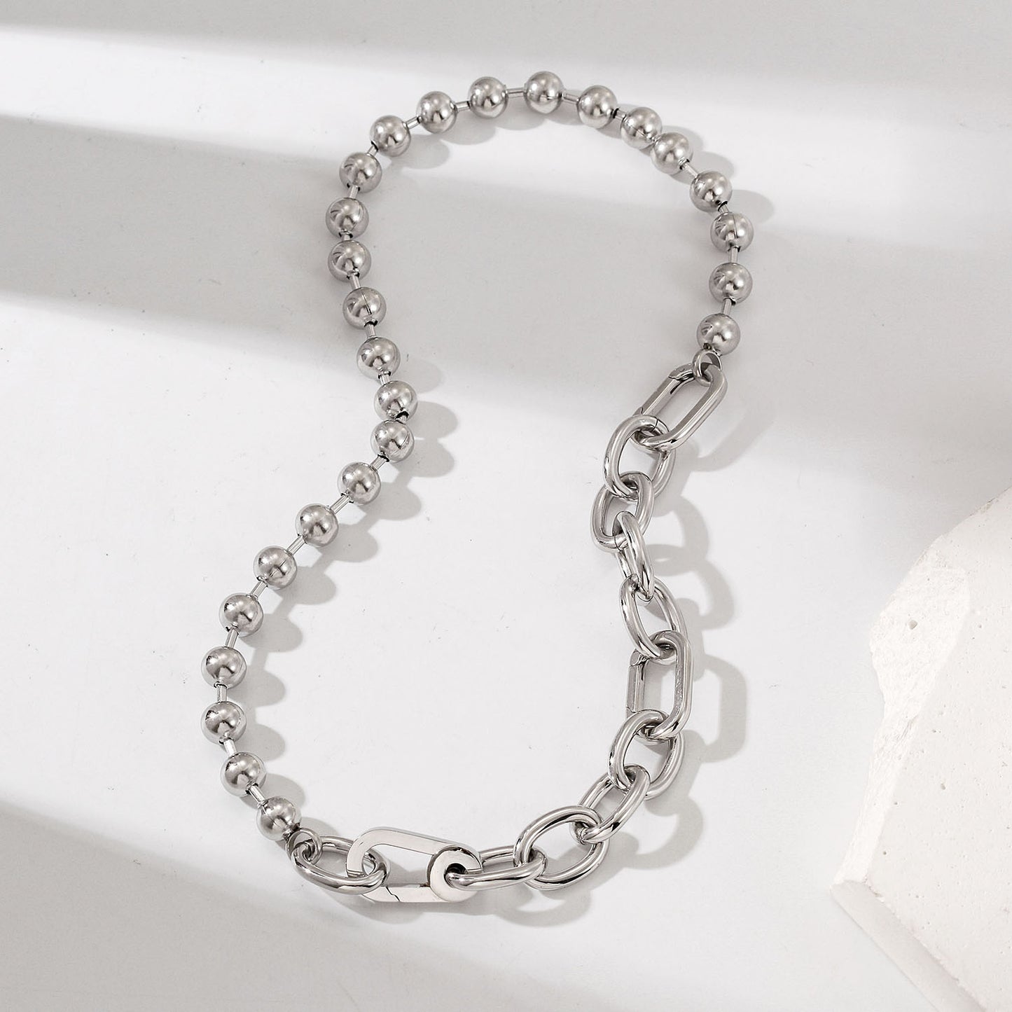 Sliver Bold Link & Bead Necklace