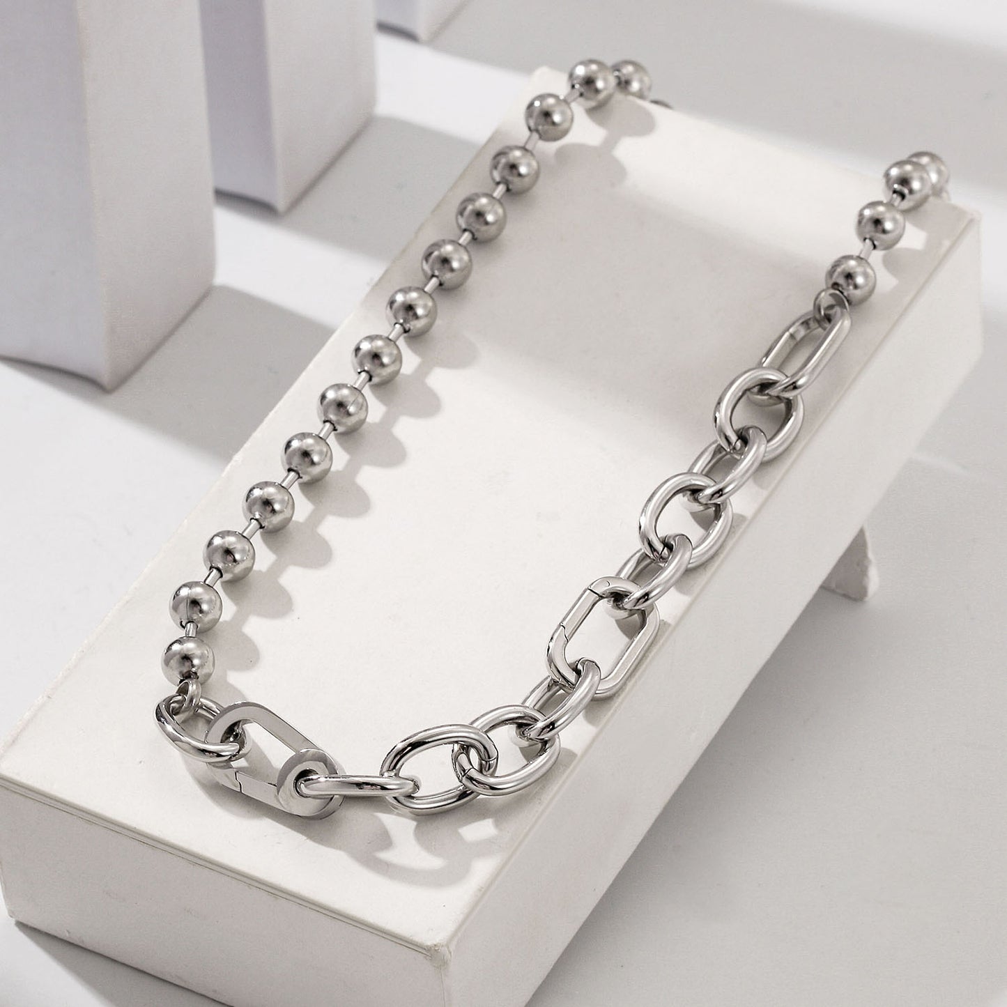 Sliver Bold Link & Bead Necklace