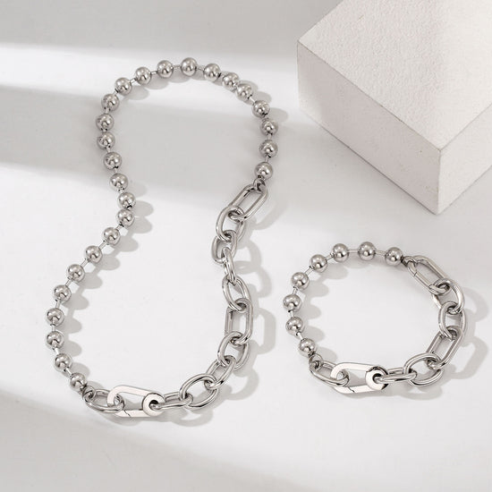 Sliver Bold Link & Bead Necklace