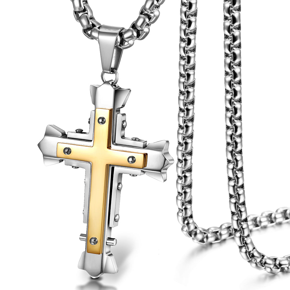 Stainless Steel Rivets Cross Necklace- NSSN595ST