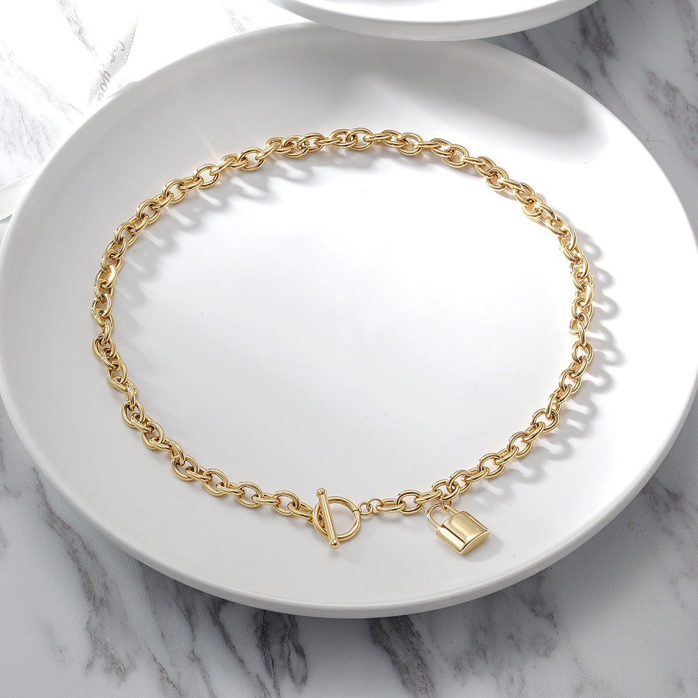 Stainless steel lock necklace-NSSN729STGC