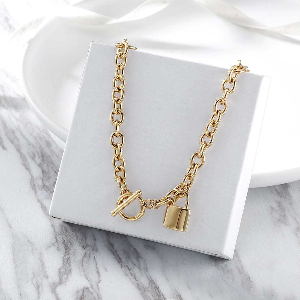 Stainless steel lock necklace-NSSN729STGC