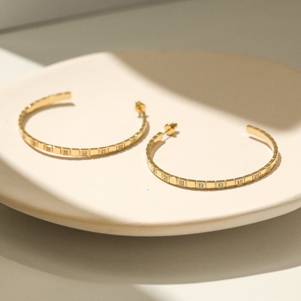 Stainless steel C-shaped zircon earrings-SCE370STGC