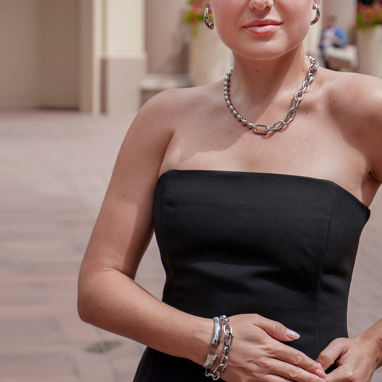 Sliver Bold Link & Bead Necklace