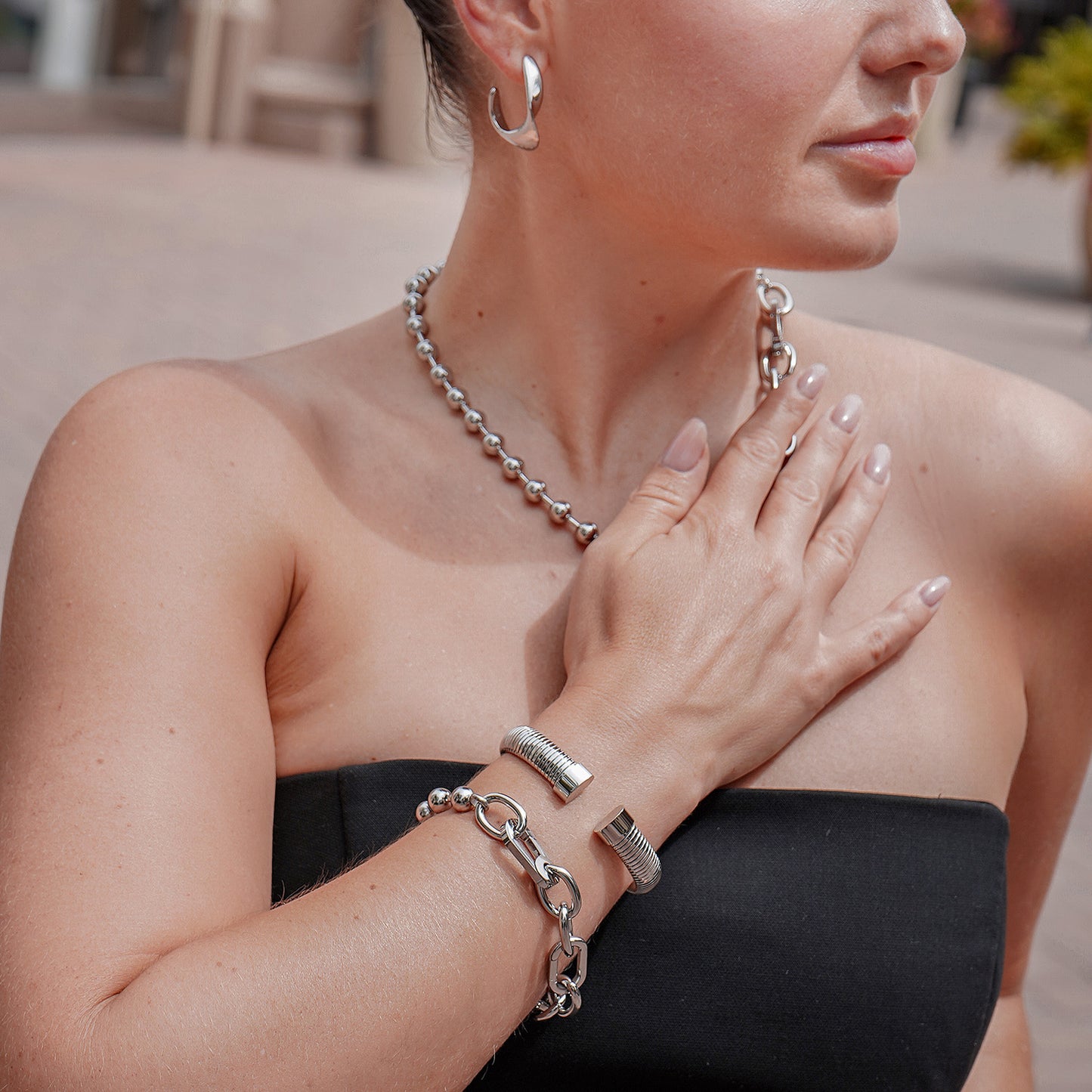 Silver Bold Link & Bead Bracelet