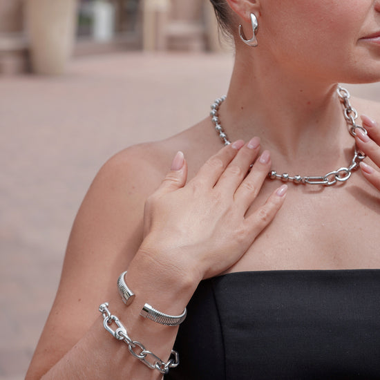 Sliver Bold Link & Bead Necklace