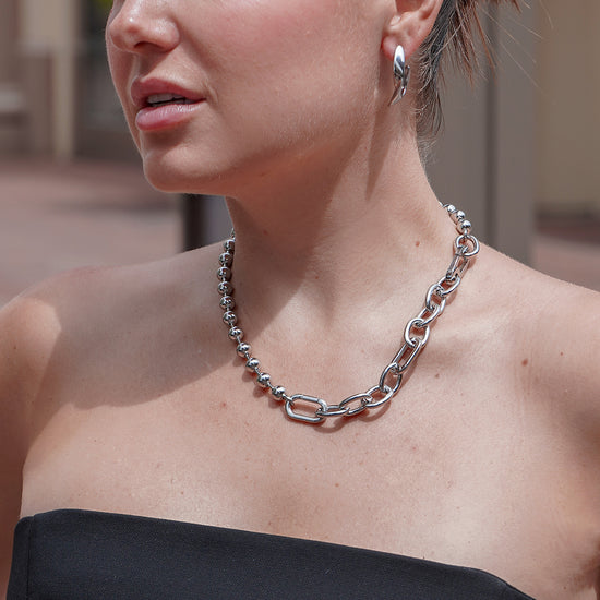 Sliver Bold Link & Bead Necklace
