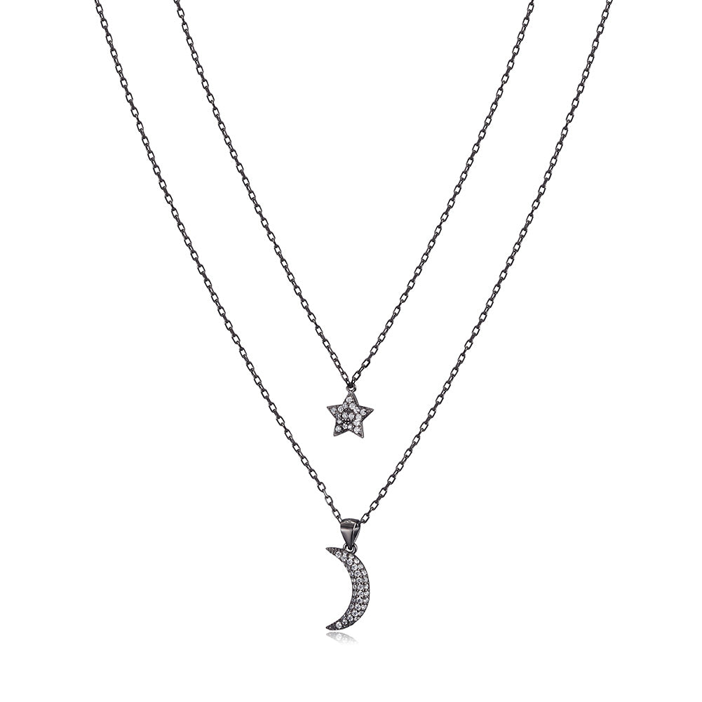 Moon and Star CZ Pendant Layer Necklace - SSN163WT