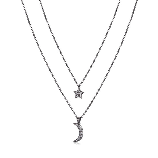 Moon and Star CZ Pendant Layer Necklace - SSN163WT