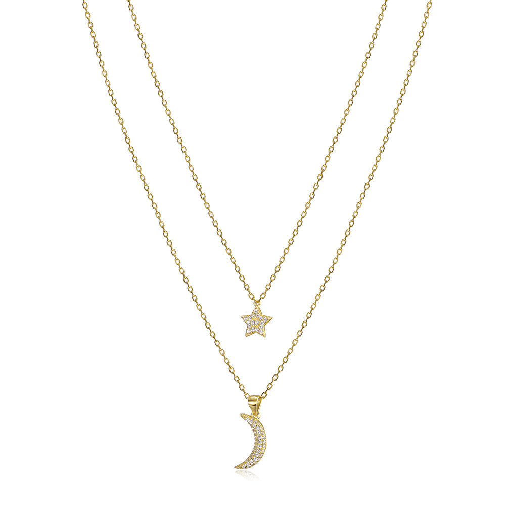 Moon and Star CZ Pendant Layer Necklace - SSN163WT