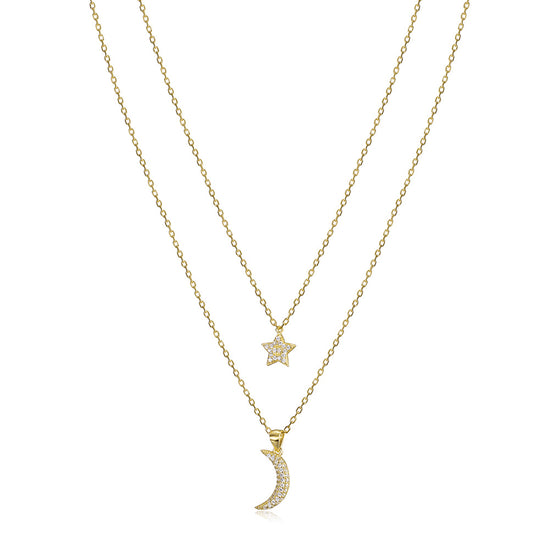 Moon and Star CZ Pendant Layer Necklace - SSN163WT
