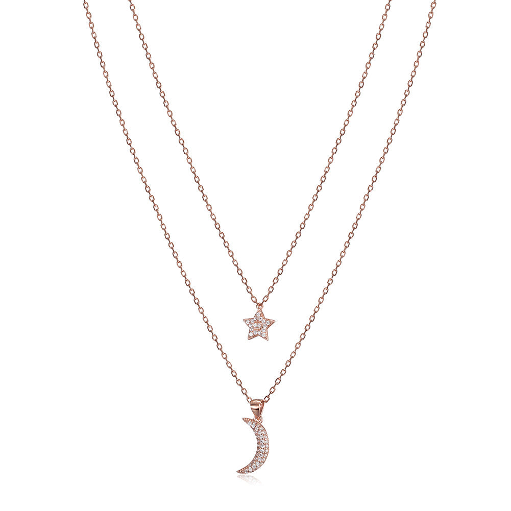 Moon and Star CZ Pendant Layer Necklace - SSN163WT