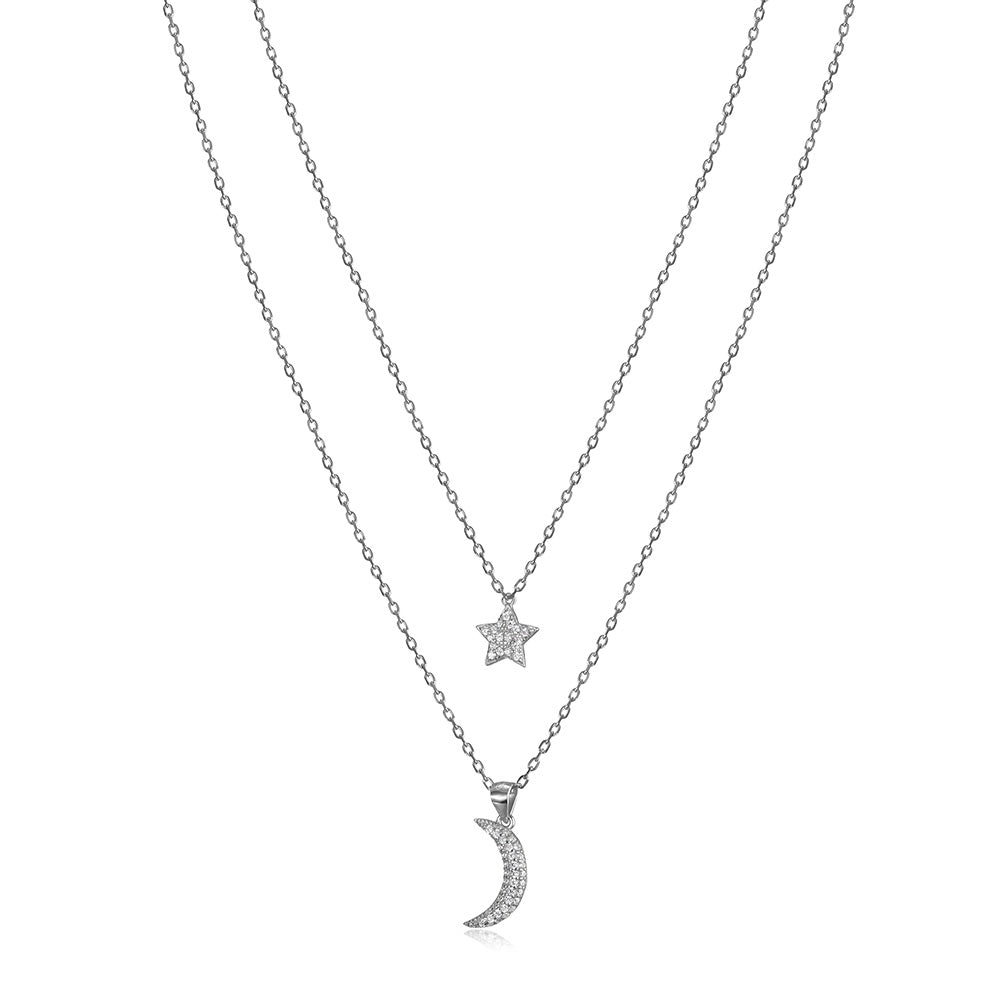 Moon and Star CZ Pendant Layer Necklace - SSN163WT