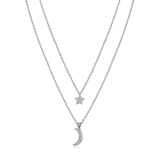 Moon and Star CZ Pendant Layer Necklace - SSN163WT