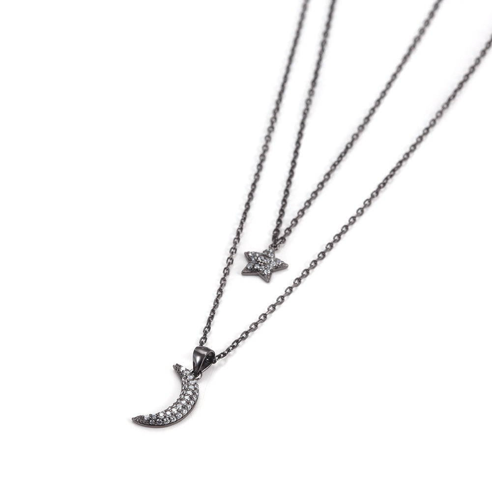 Moon and Star CZ Pendant Layer Necklace - SSN163WT