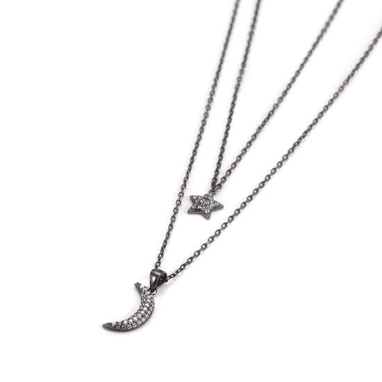 Moon and Star CZ Pendant Layer Necklace - SSN163WT