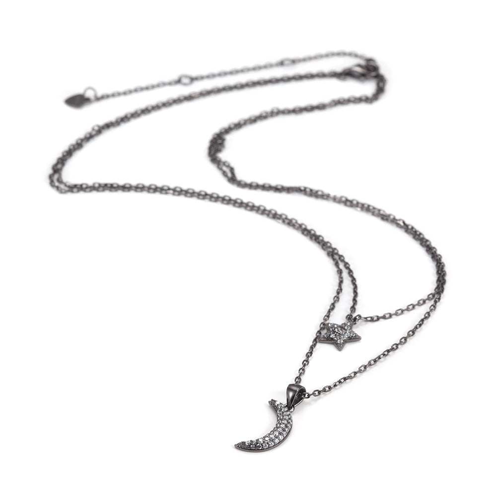 Moon and Star CZ Pendant Layer Necklace - SSN163WT