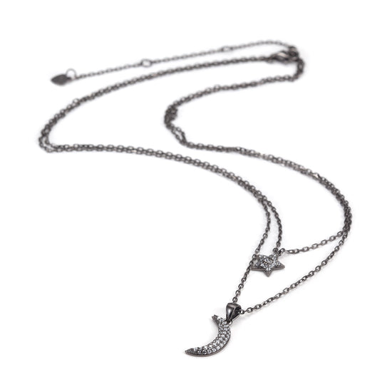 Moon and Star CZ Pendant Layer Necklace - SSN163WT