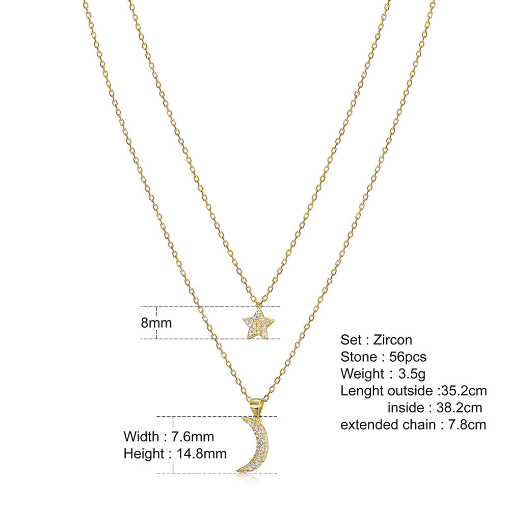 Moon and Star CZ Pendant Layer Necklace - SSN163WT