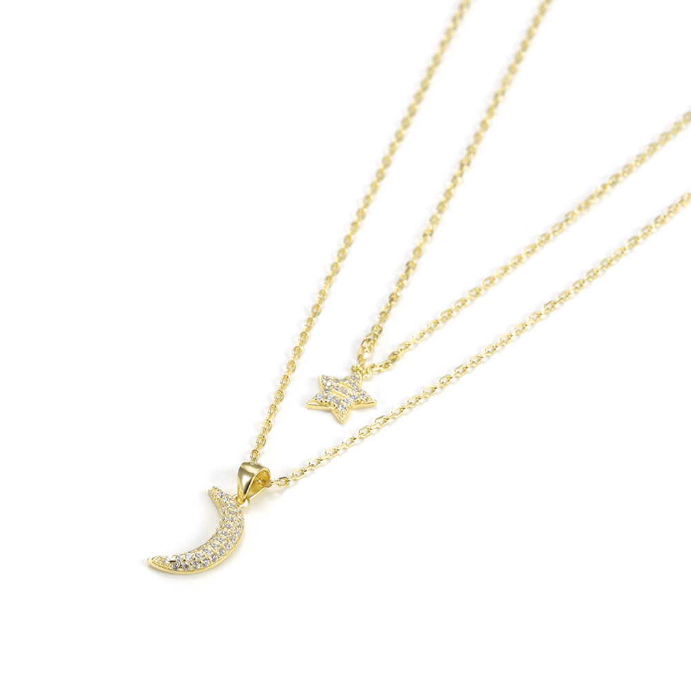 Moon and Star CZ Pendant Layer Necklace - SSN163WT
