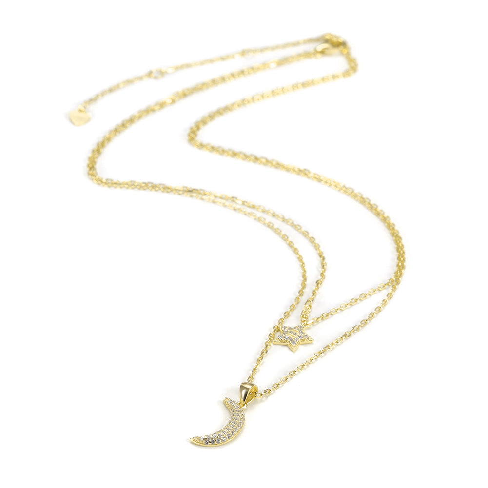 Moon and Star CZ Pendant Layer Necklace - SSN163WT