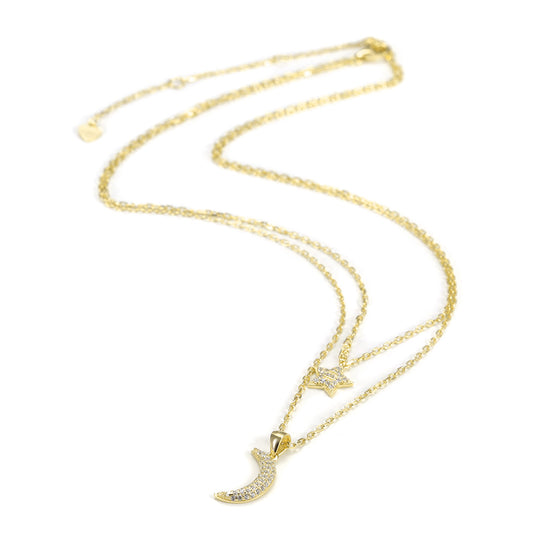 Moon and Star CZ Pendant Layer Necklace - SSN163WT