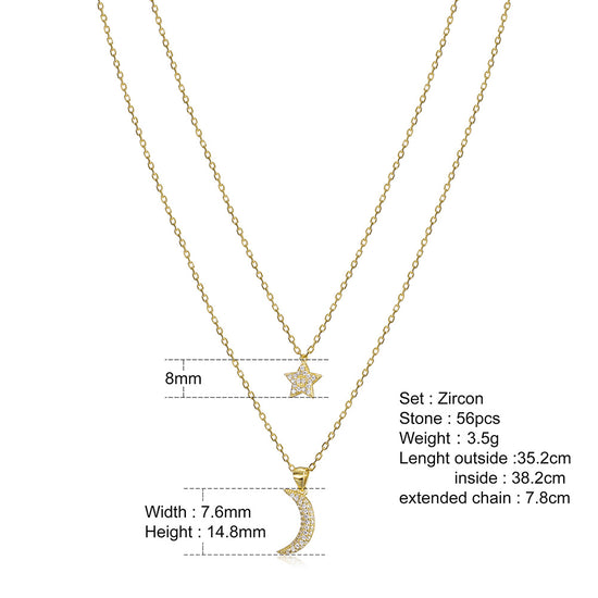 Moon and Star CZ Pendant Layer Necklace - SSN163WT