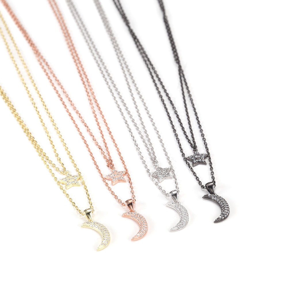 Moon and Star CZ Pendant Layer Necklace - SSN163WT