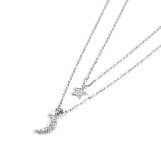 Moon and Star CZ Pendant Layer Necklace - SSN163WT