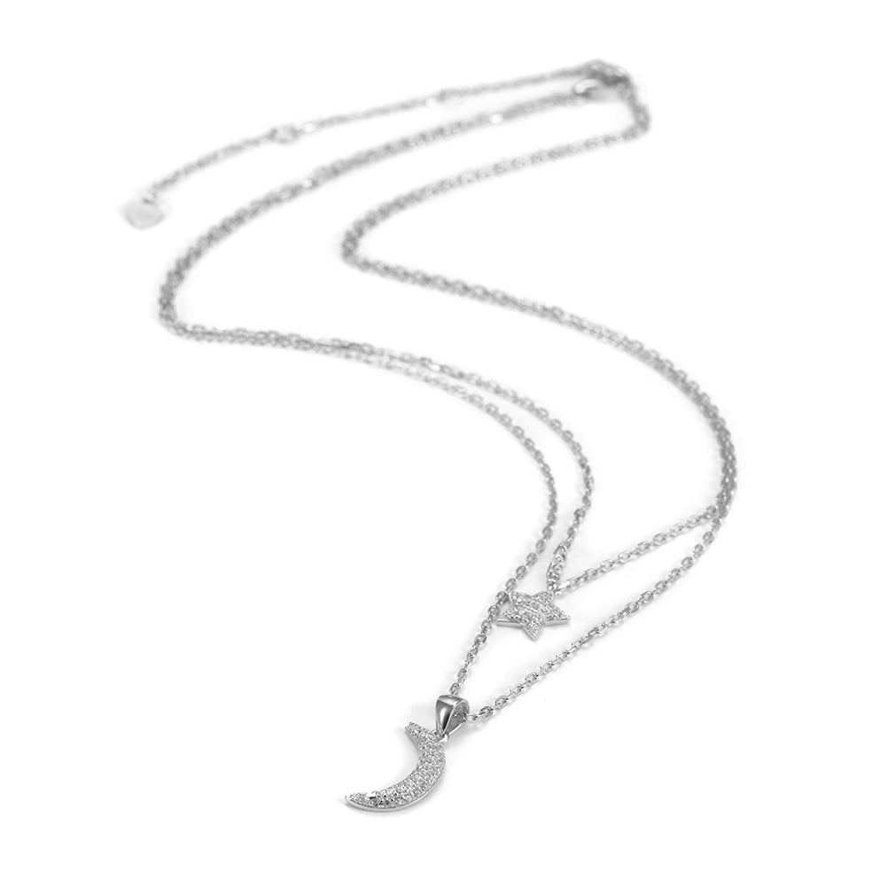Moon and Star CZ Pendant Layer Necklace - SSN163WT