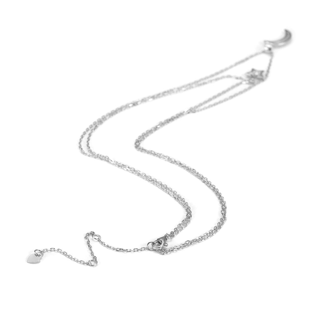 Moon and Star CZ Pendant Layer Necklace - SSN163WT