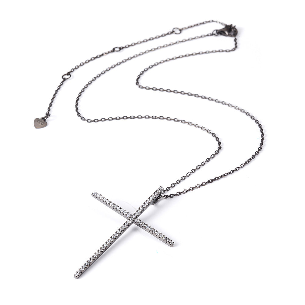 Black CZ Big Cross Necklace - SSN170SCZD
