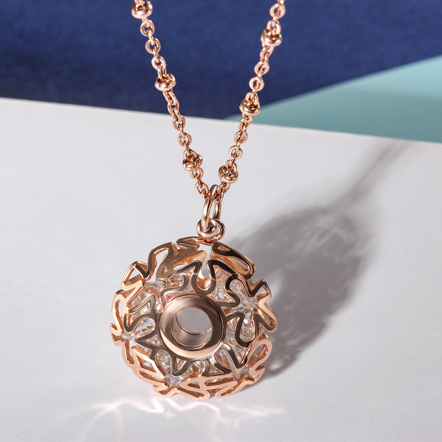 Flower Carved Locket CZ Necklace