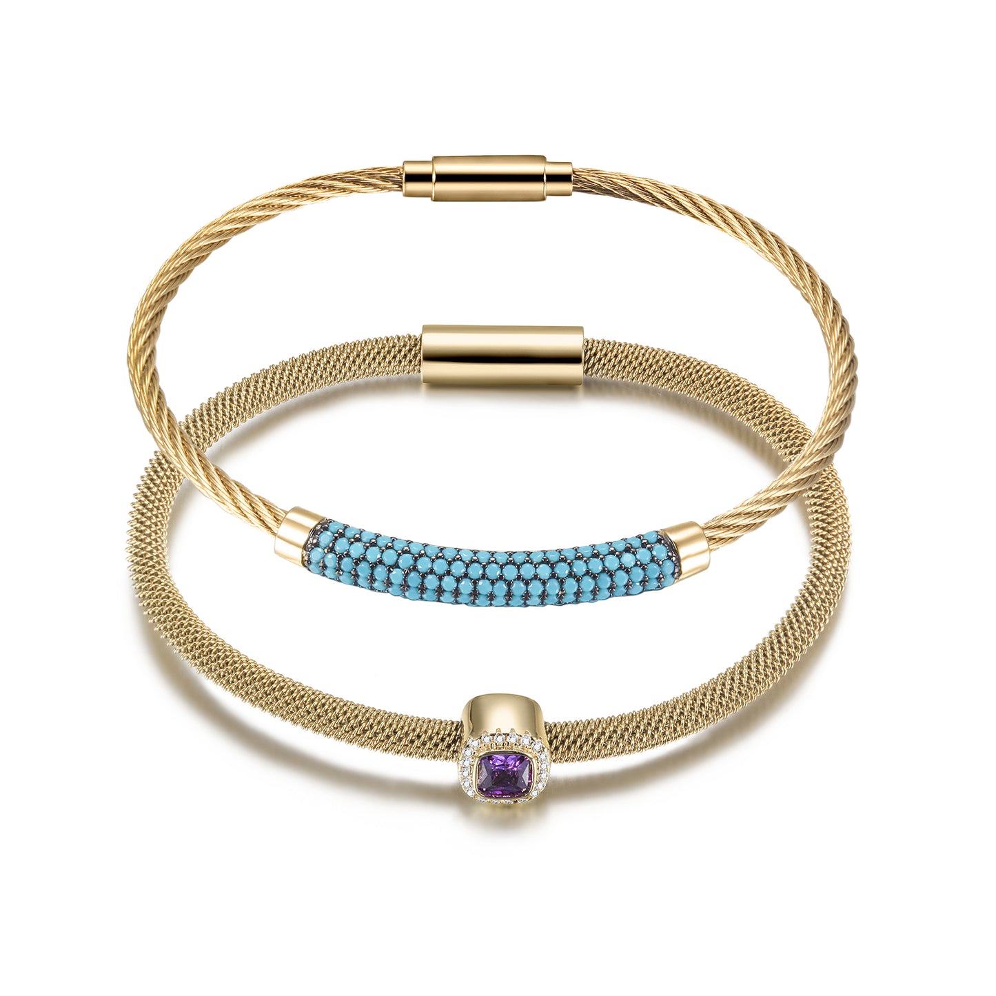 Gemstone CZ Halo Bangle Set