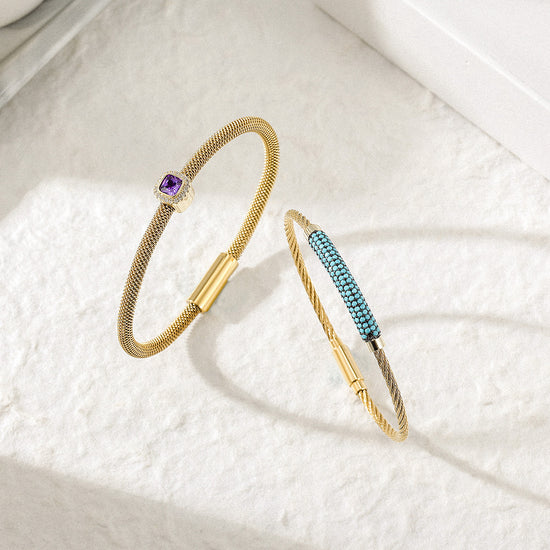 Gemstone CZ Halo Bangle Set