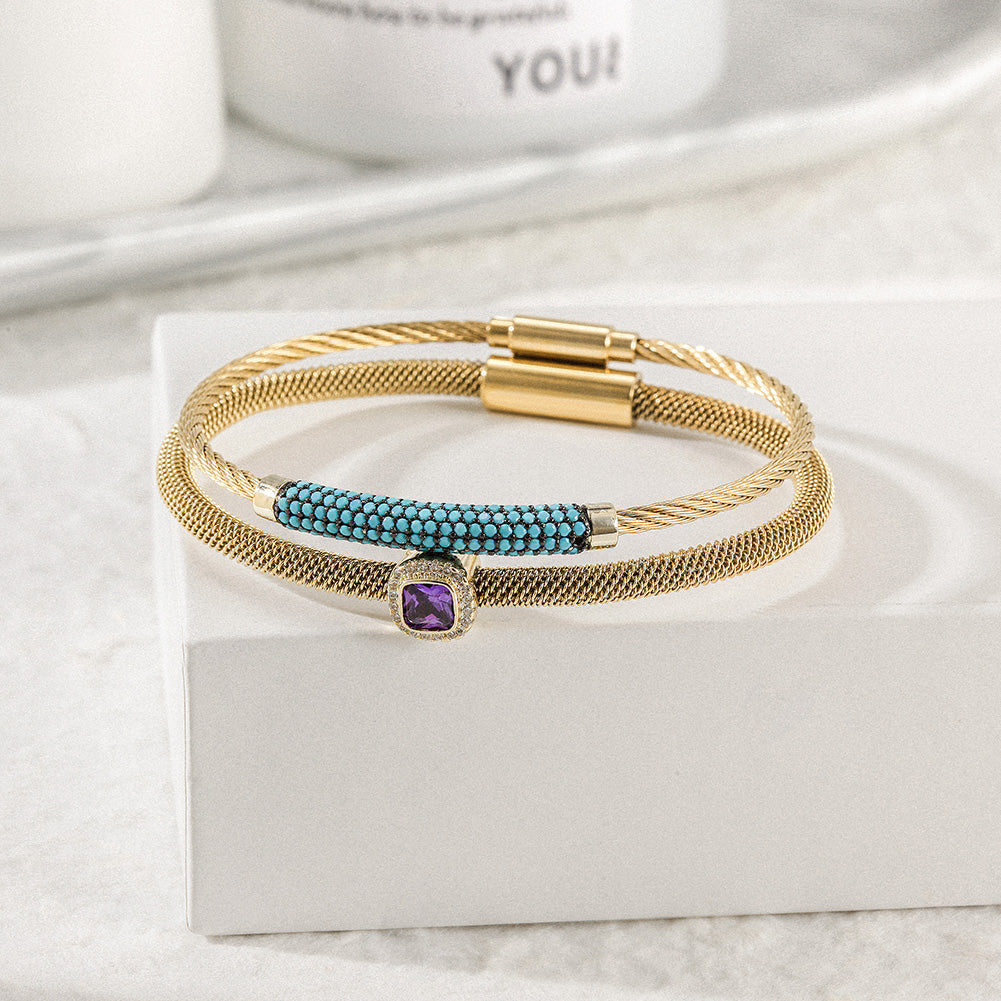 Gemstone CZ Halo Bangle Set