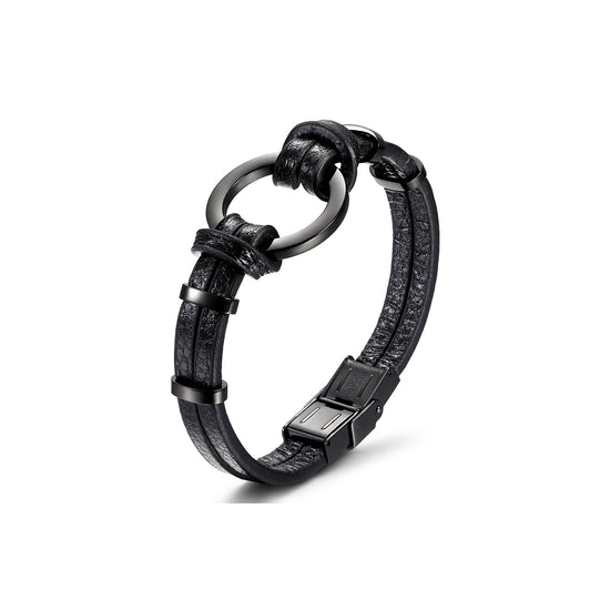 Black/Silver Circle Warp Leather Bracelet