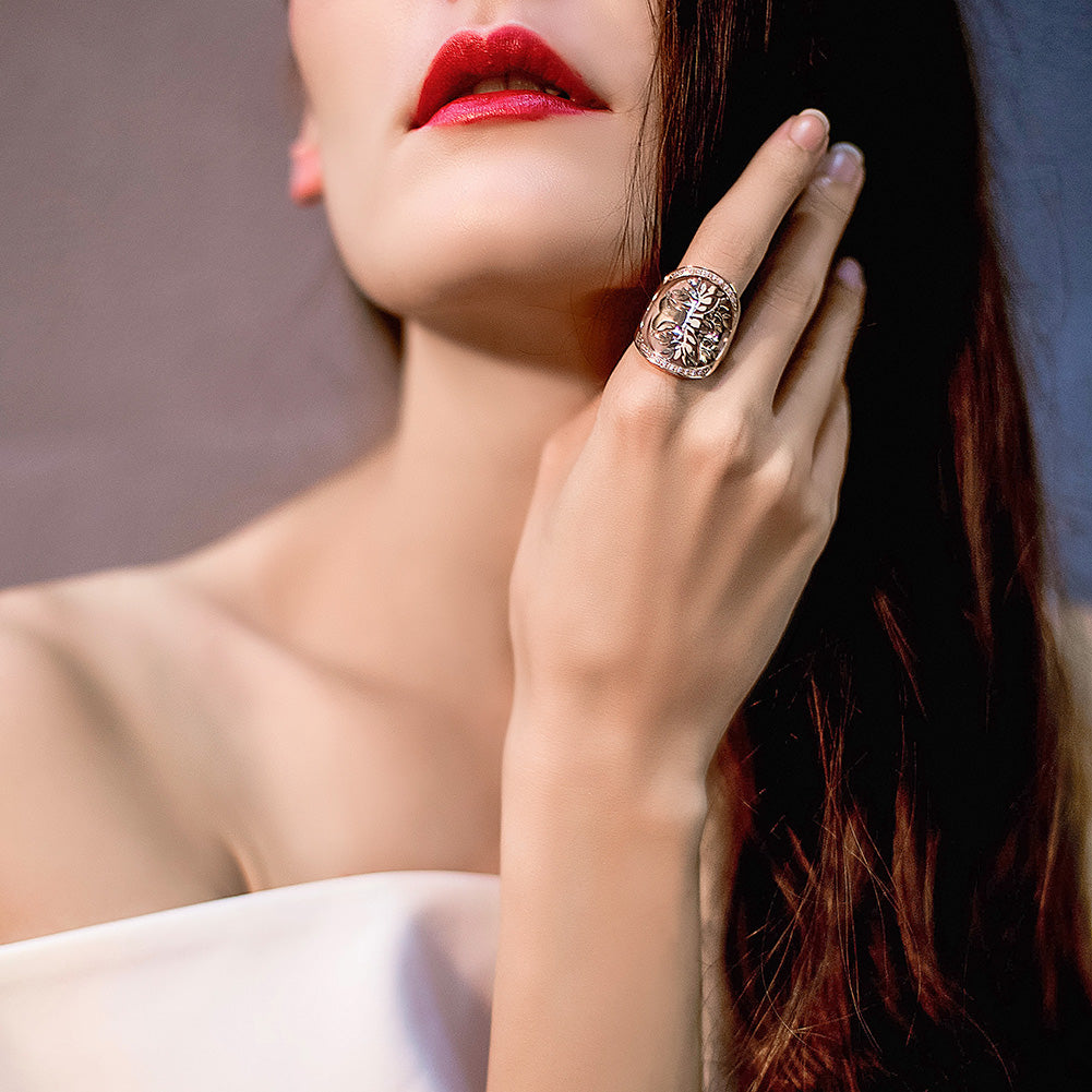 CIUNOFOR 14K Gold Plated Statement Ring For Women - Simulated Diamond Clover & Bar Design