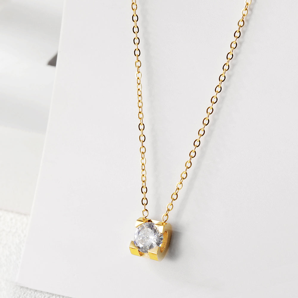 Jewelili Cubic Zirconia Solitaire Pendant Necklace in 10K Yellow Gold