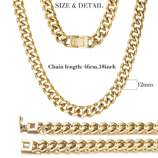 12mm Gold Hip Hop Cuban Chain Necklace