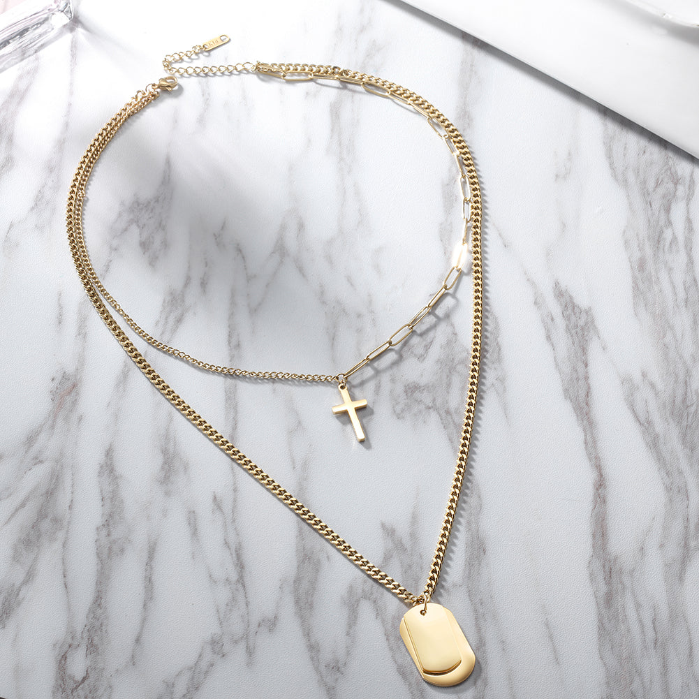 Cross & Tag Double Pendant Necklace