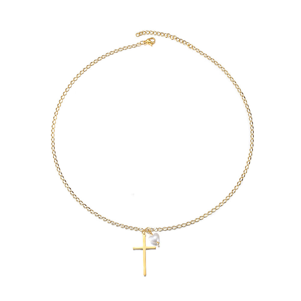 Cross with Love-shaped Pearl Pendant Necklace