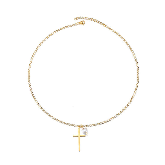 Cross with Love-shaped Pearl Pendant Necklace