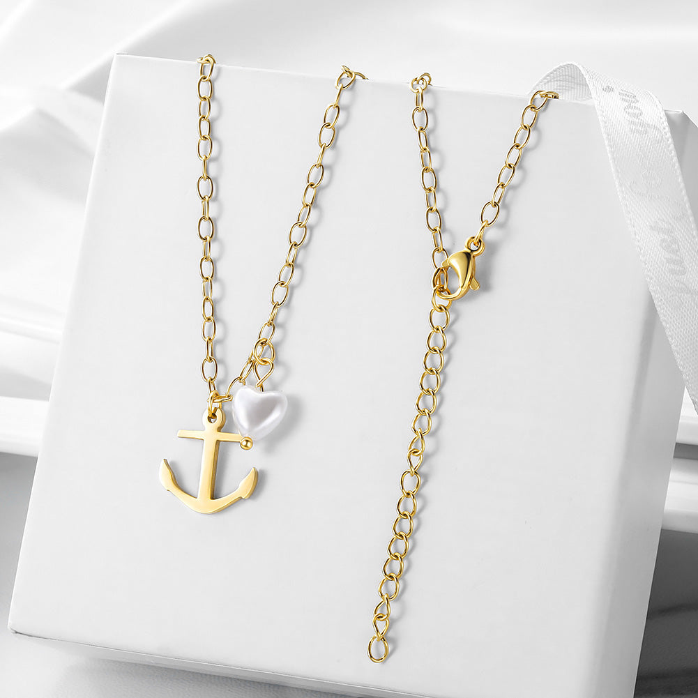 Vintage Anchor Heart-shaped Pearl Pendant Necklace