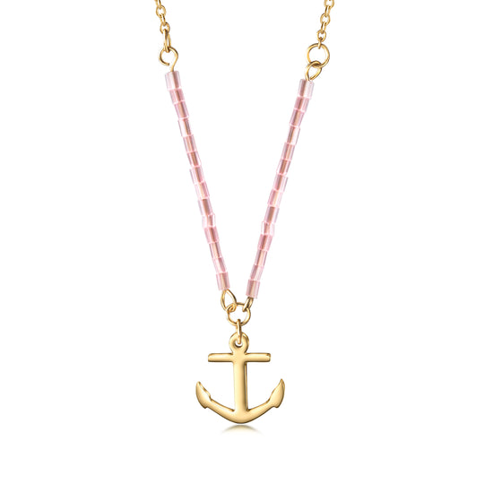 Load image into Gallery viewer, Pink Beaded Anchor Pendant Necklace
