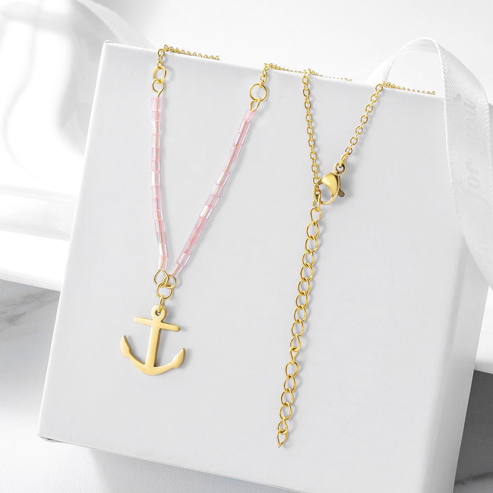 Load image into Gallery viewer, Pink Beaded Anchor Pendant Necklace
