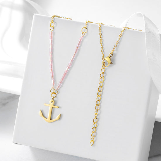Pink Beaded Anchor Pendant Necklace