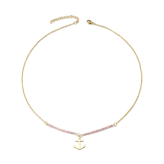 Pink Beaded Anchor Pendant Necklace